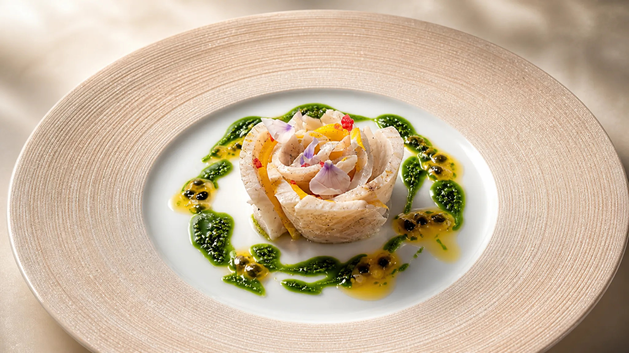 Chez Olivier Tokyo seafood course served in a shallow white bowl with sauce