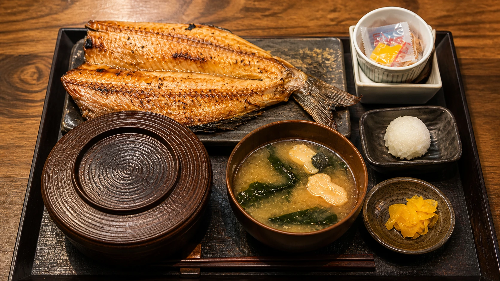 Echigoya Sandayu Tokyo grilled fish set meal with rice and miso soup