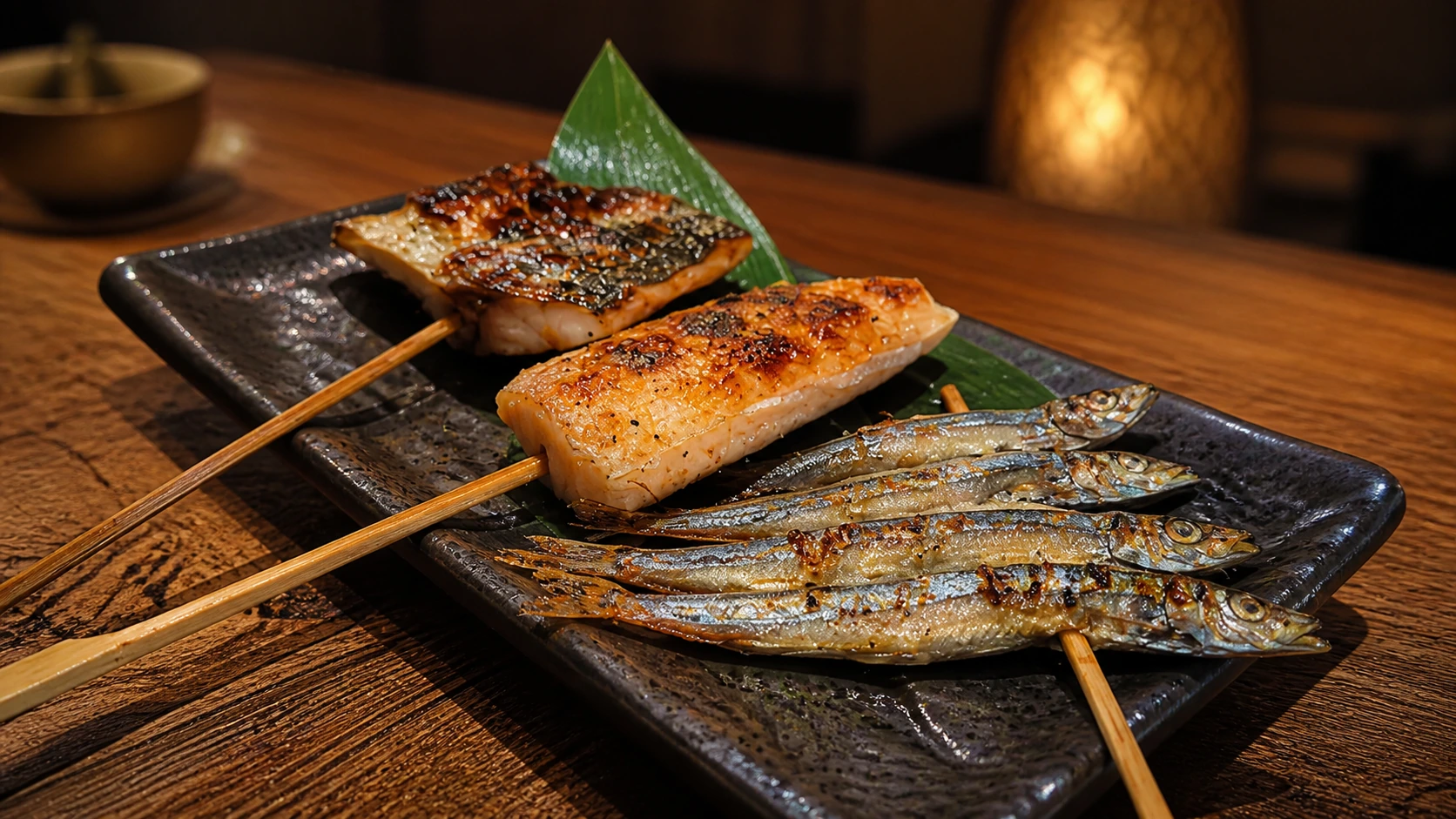 Echigoya Sandayu Tokyo grilled fish skewers served on a black plate