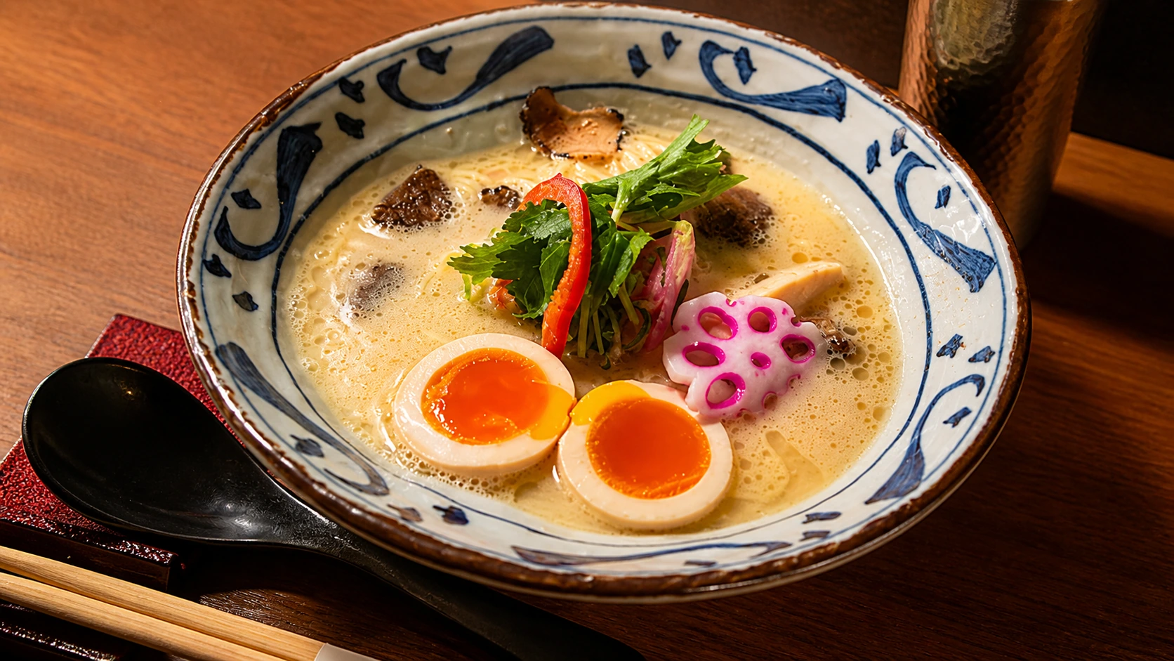 Ginza Kagari Tokyo ramen bowl with soft-boiled eggs and toppings