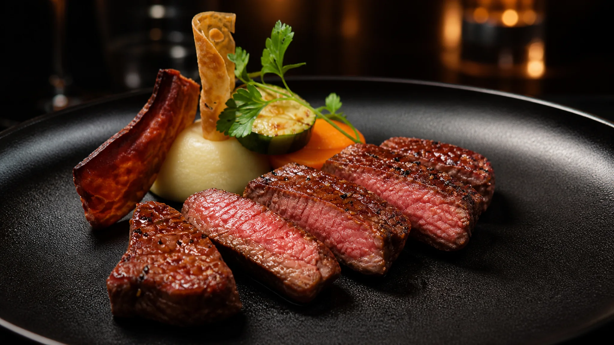 Kobe Beef Kaiseki 511 Tokyo sliced wagyu beef course served on a black plate