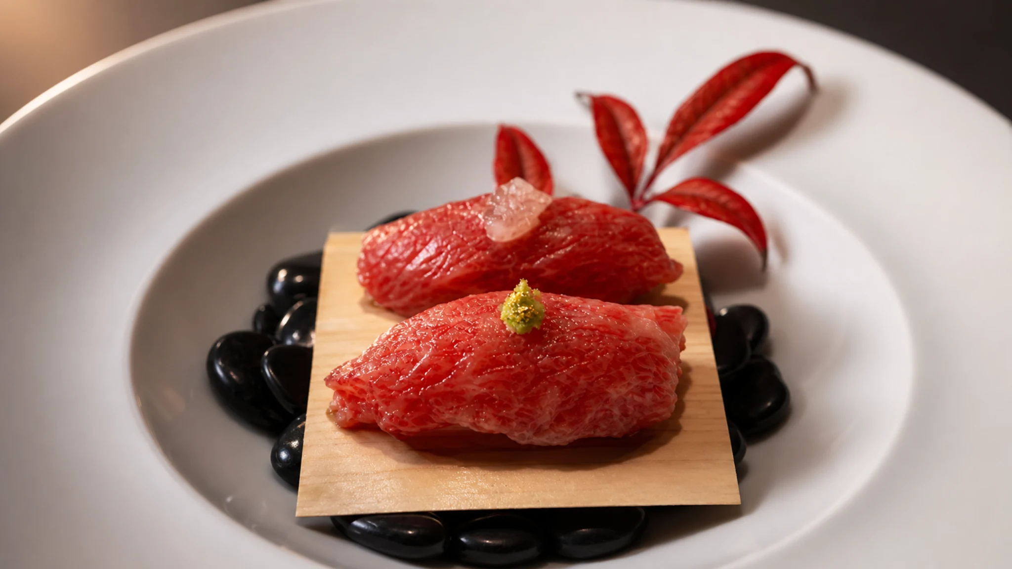 Kobe Beef Kaiseki 511 Tokyo wagyu beef tasting course served on a white plate