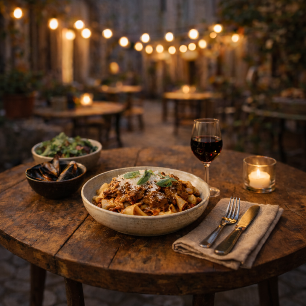 Cozy outdoor dinner at twilight with pasta, red wine, candlelight, and a warm neighborhood restaurant atmosphere