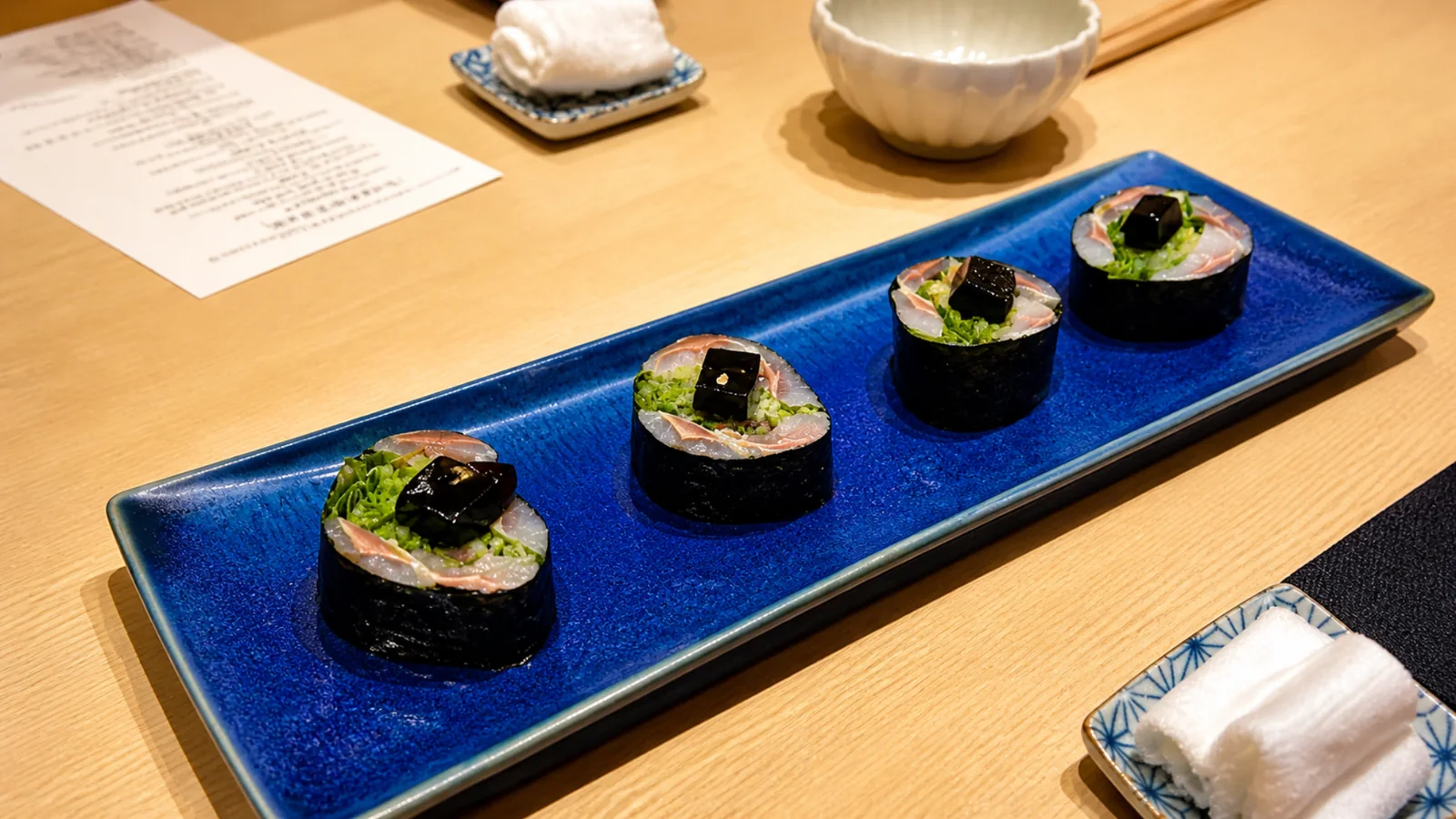 Sushi Hatsume Tokyo seafood omakase appetizer with herbs on a blue plate