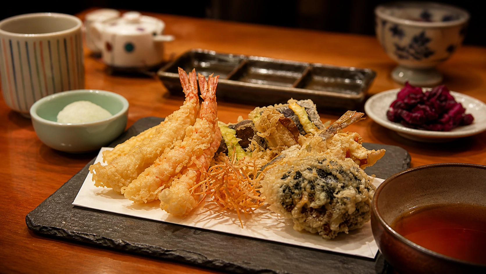Tempura Abe Honten Tokyo shrimp and vegetable tempura served on a black plate