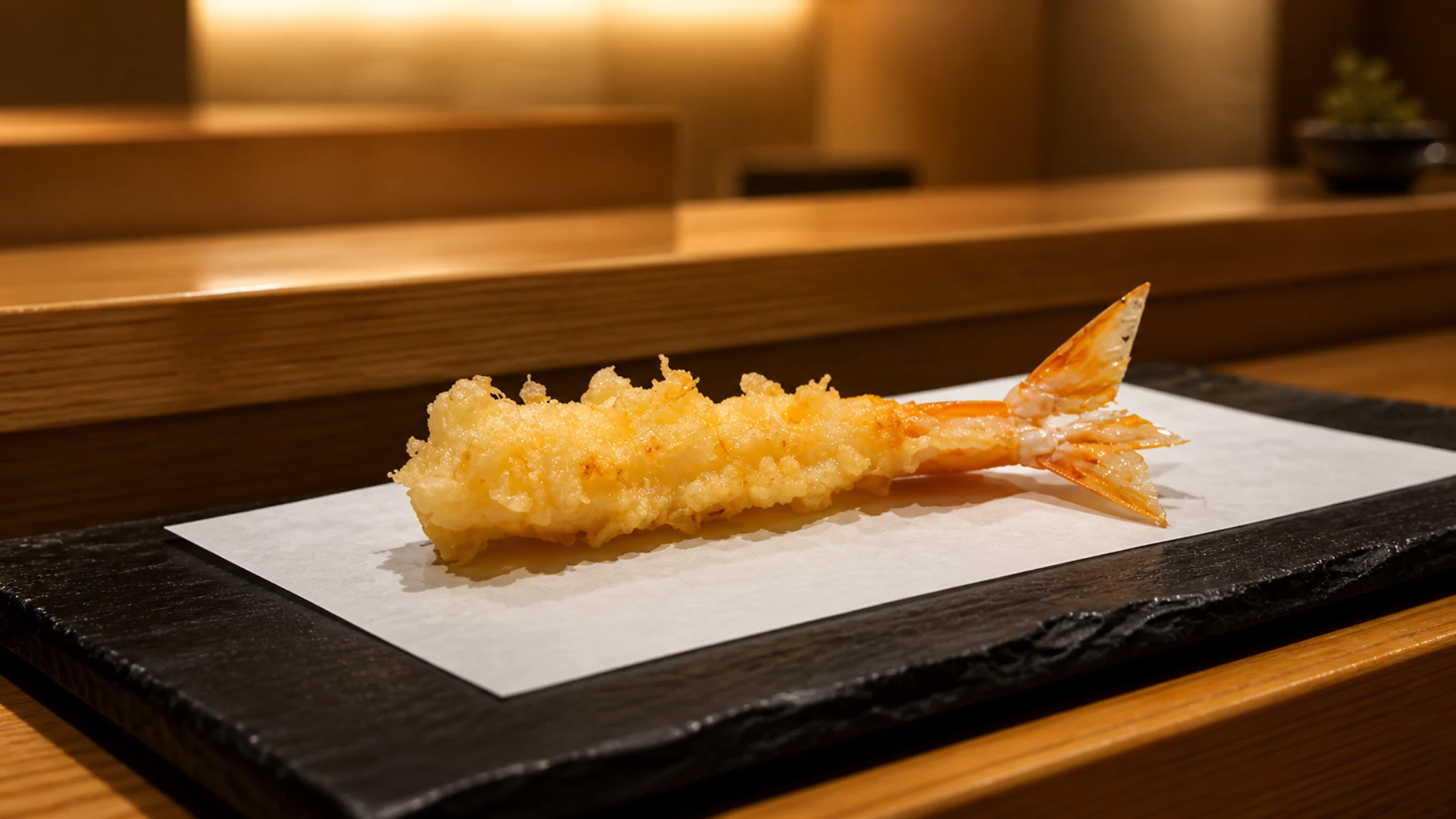 Tempura Ono Tokyo shrimp tempura course served on a black plate