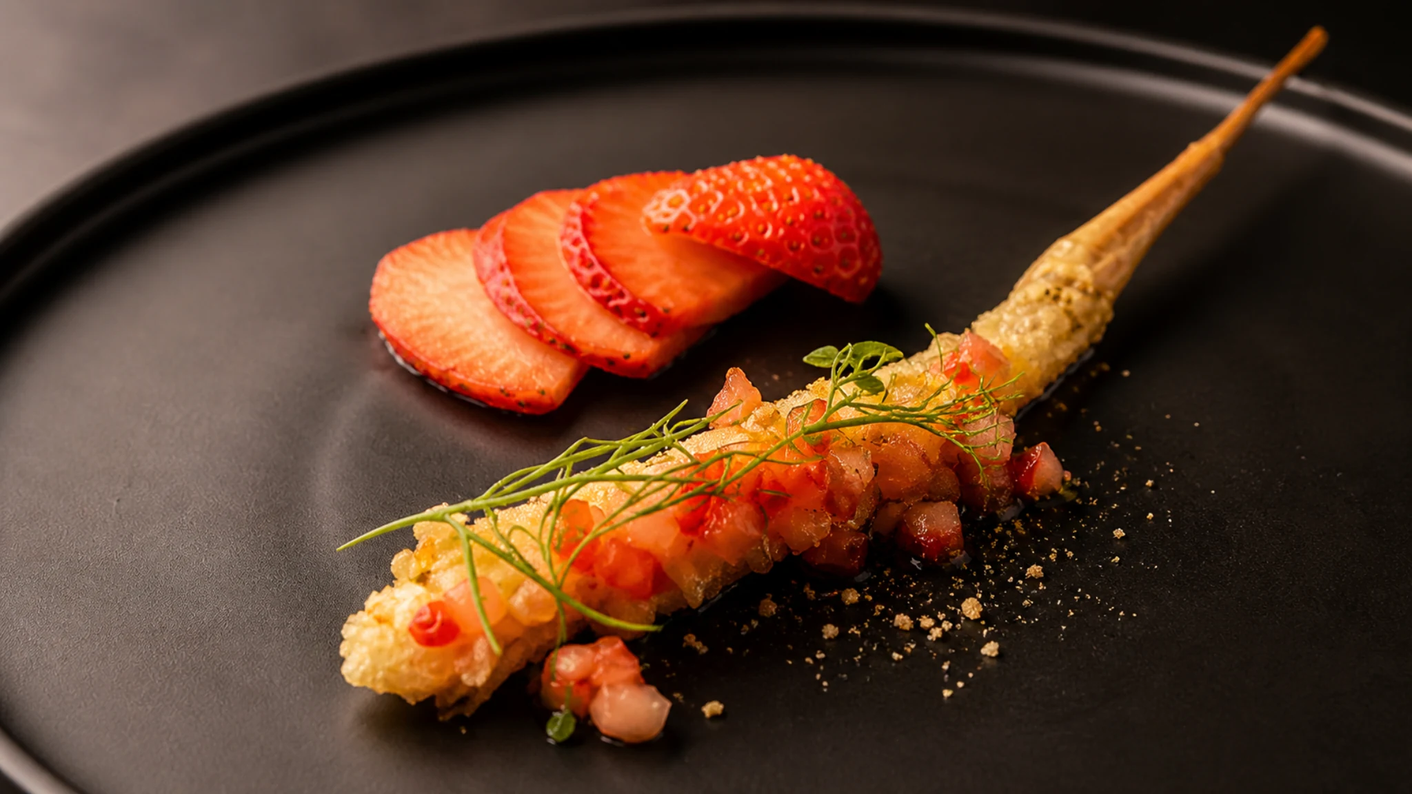 Tempura Ono Tokyo seasonal tempura tasting dish served on a black plate