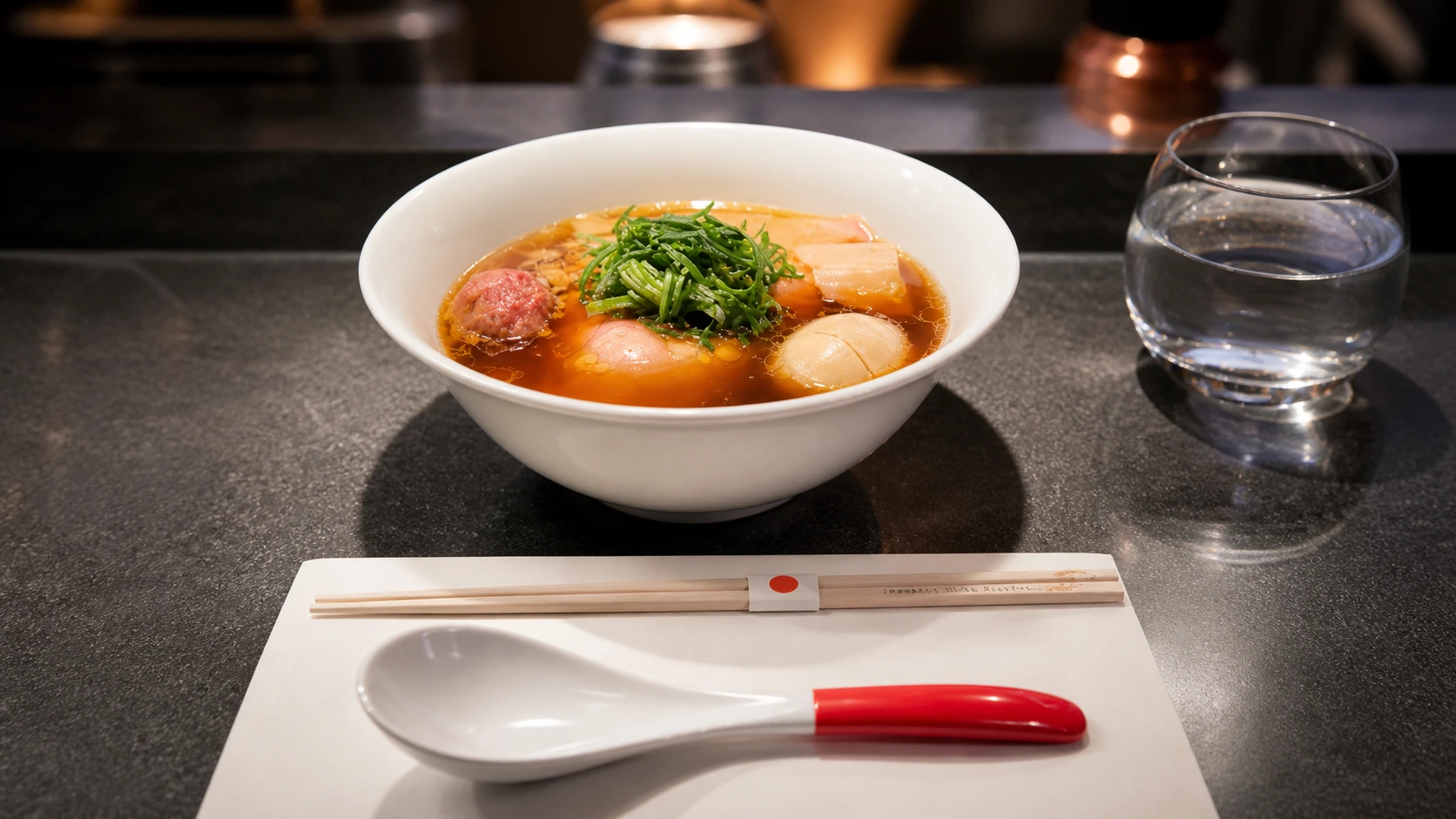 Tsuta Tokyo ramen bowl with broth and toppings at the counter
