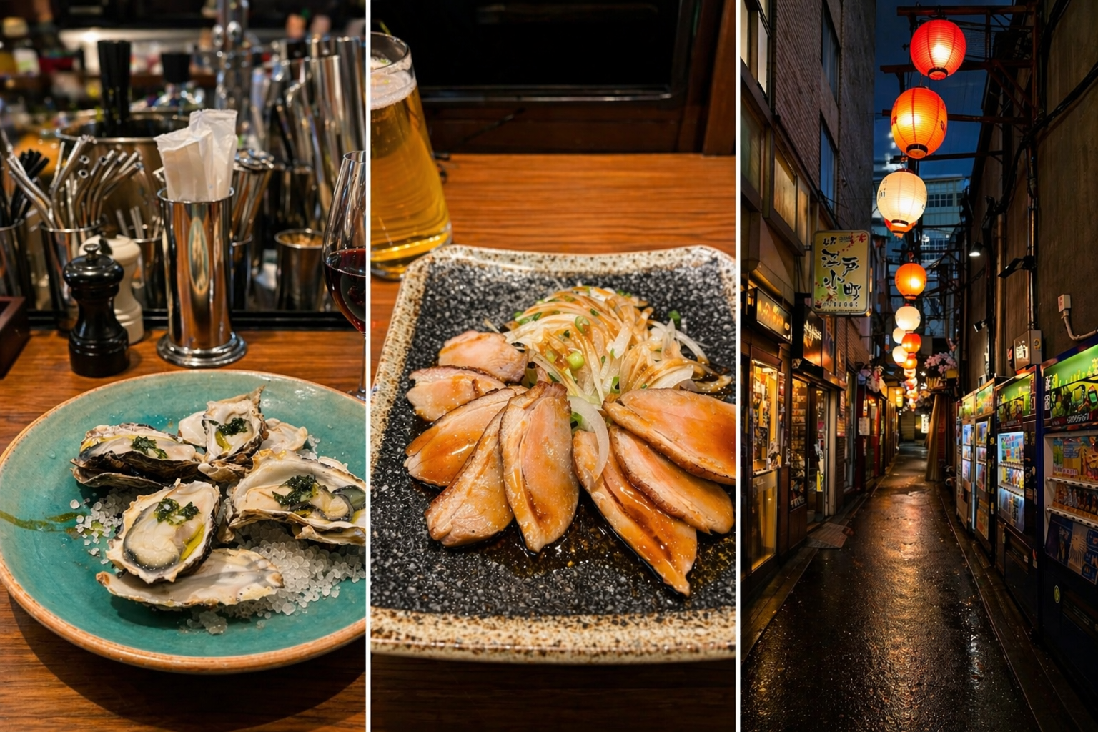 Collage of Tokyo alley, oysters, and chicken