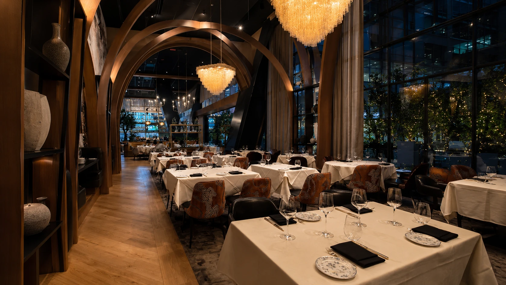 Elegant dining room with chandeliers at Adalina Prime in Chicago