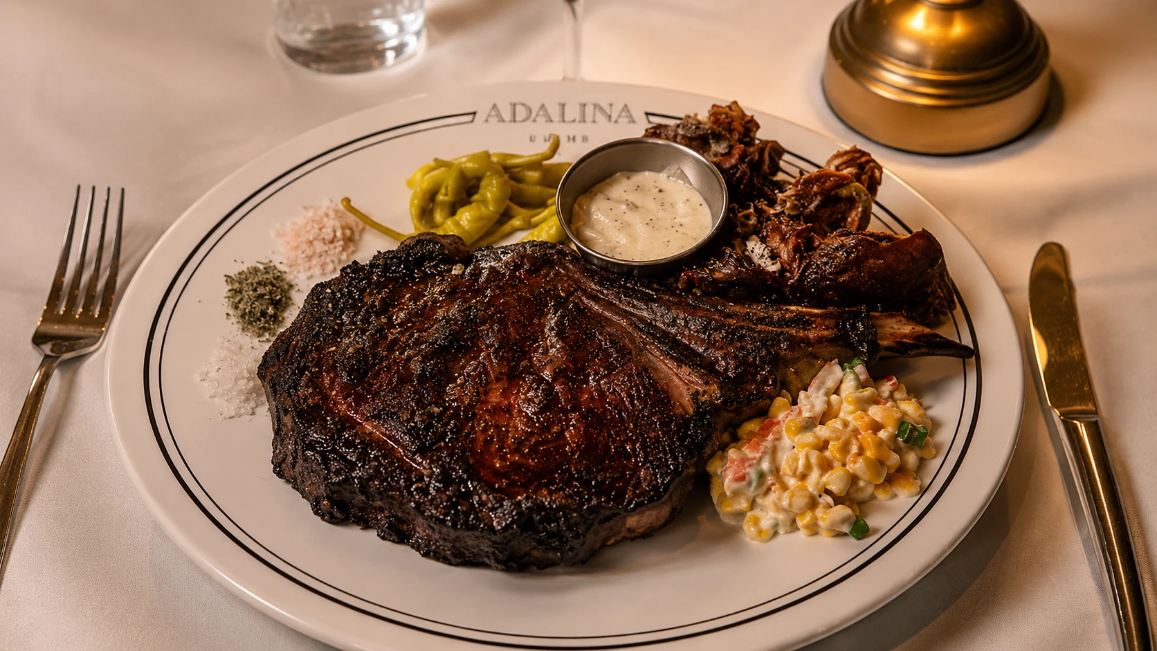 Bone-in steak with sides at Adalina Prime steakhouse in Chicago