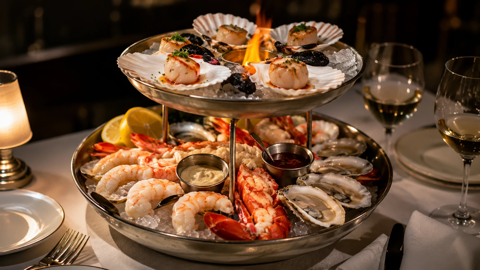 Seafood tower with scallops, shrimp, and oysters at Adalina Prime Chicago