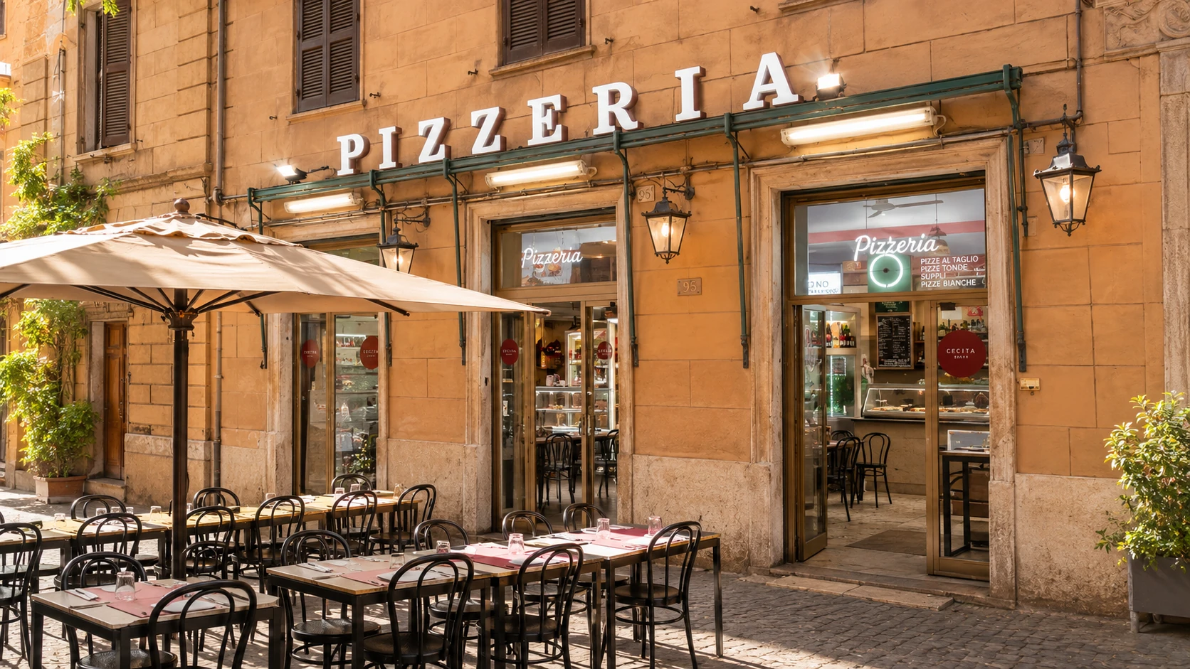 Ai Marmi Rome thin crust pizza with tomato sauce and melted cheese