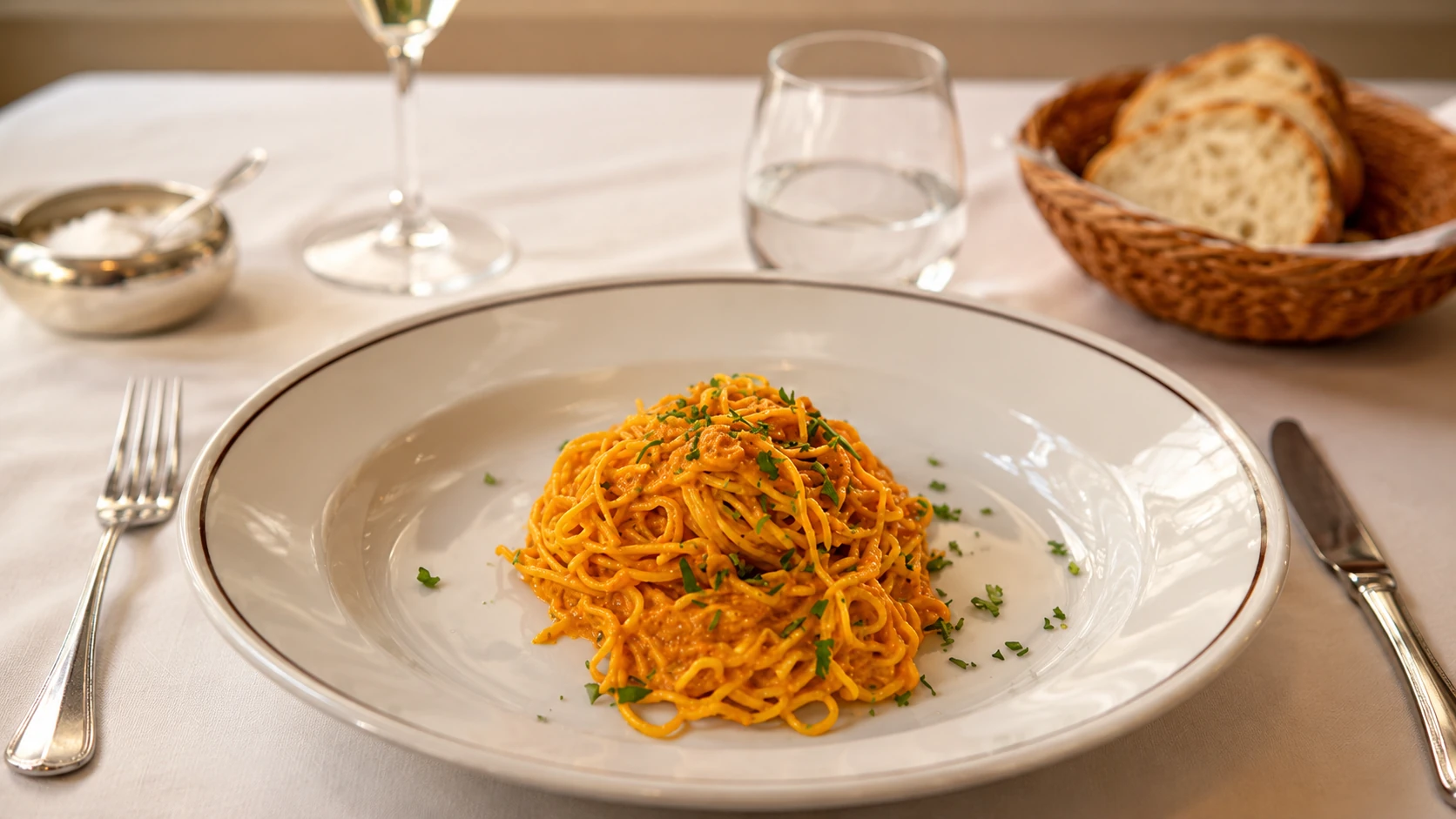 Alla Rampa Rome pasta, wine, bread, and Italian dinner spread