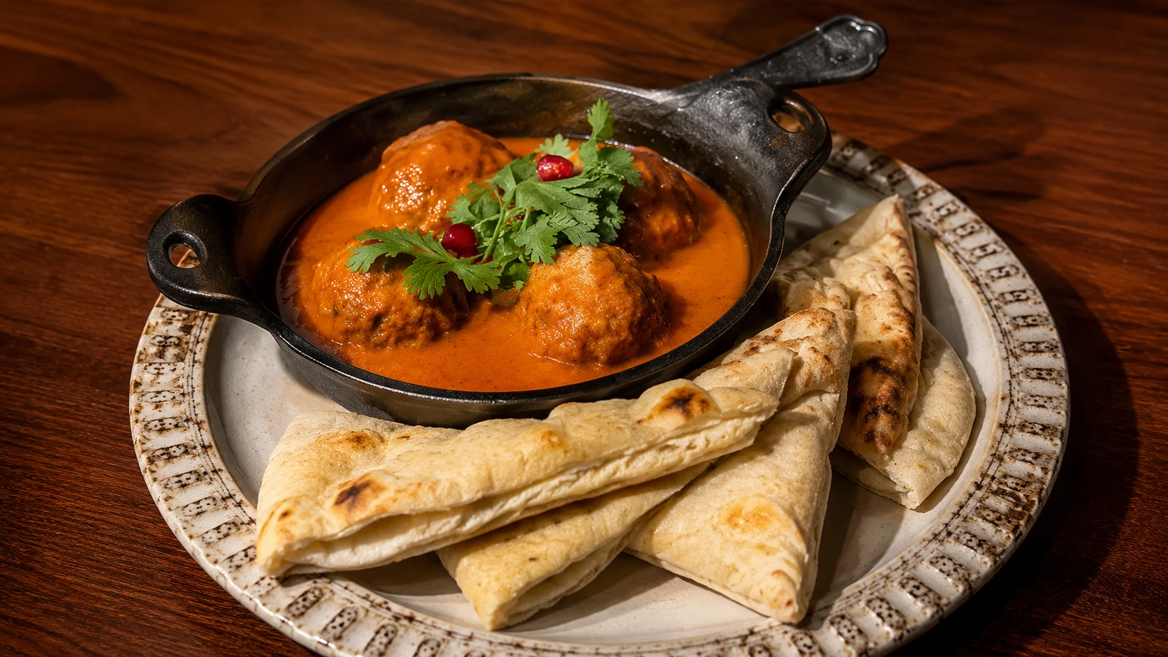 Meatballs in tomato sauce with flatbread at Alpana in Chicago