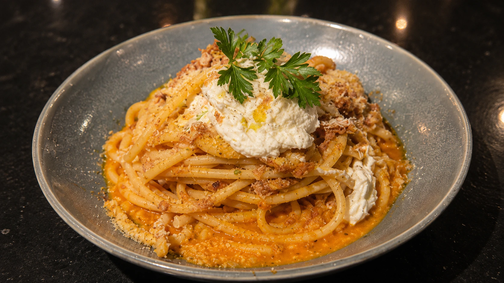 Bowl of pasta with creamy ricotta at Alpana restaurant in Chicago