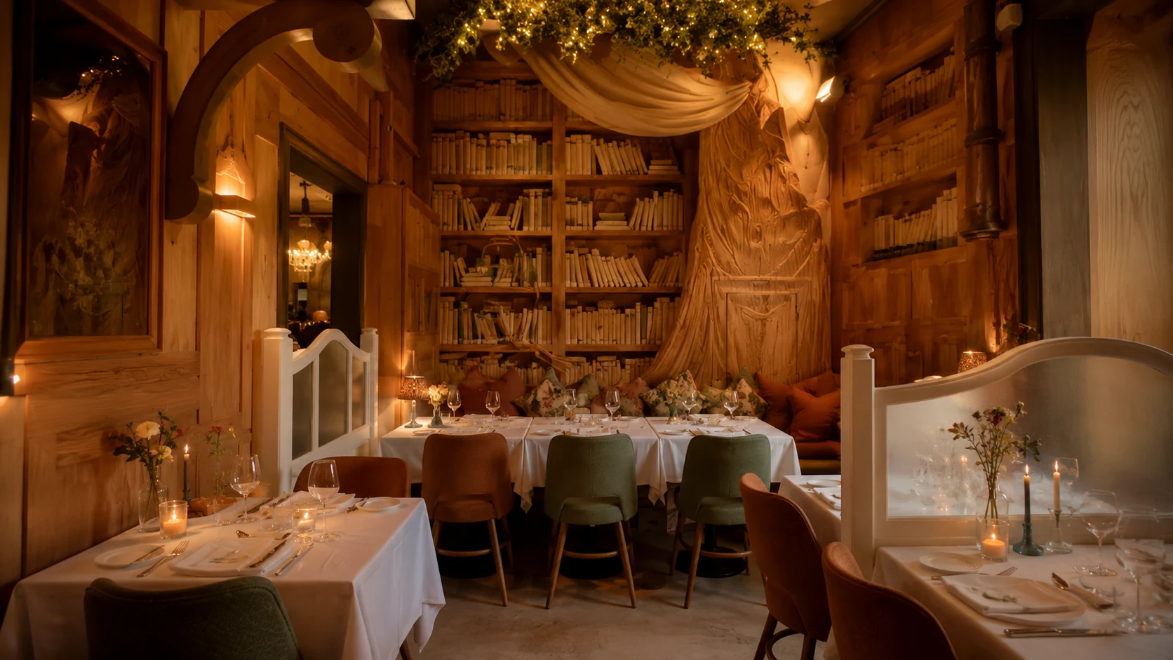 Antigua Barcelona elegant restaurant dining room with white tablecloths