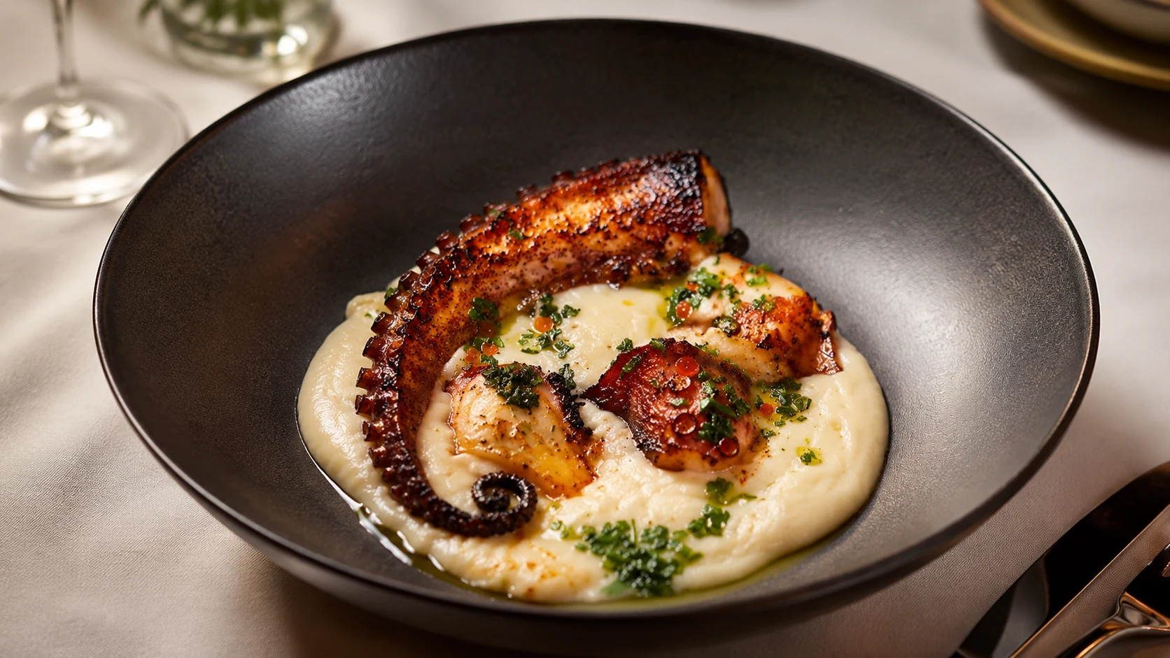 Antigua Barcelona seafood dish with sauce and garnish