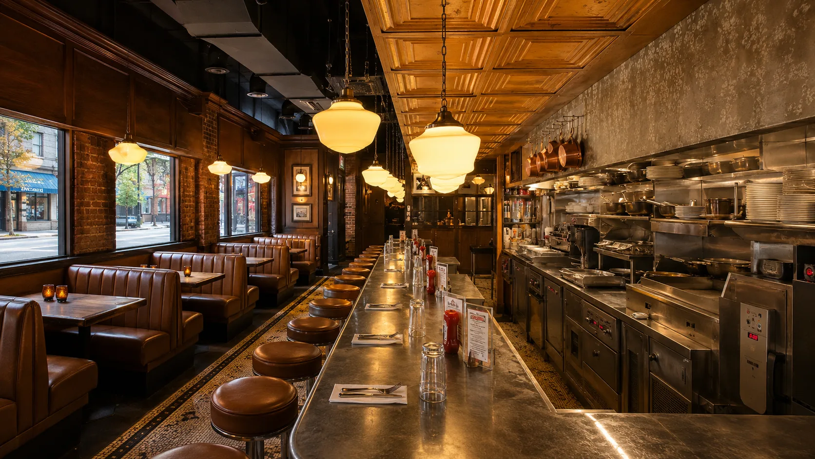 Classic diner counter and open kitchen at Au Cheval in Chicago
