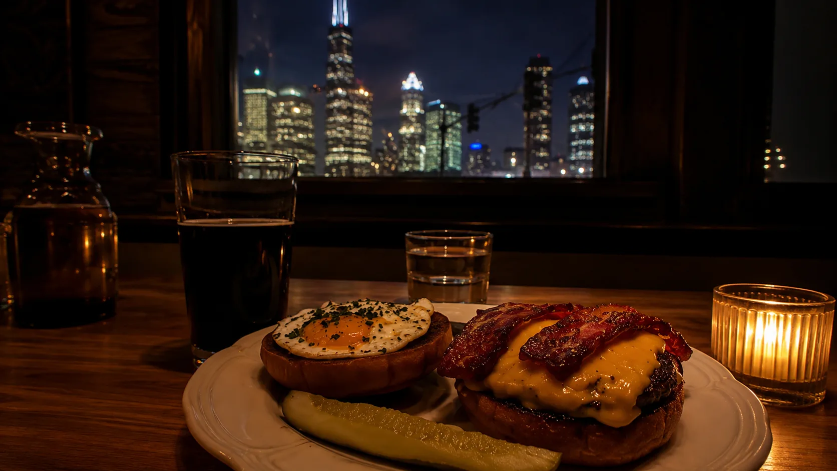Au Cheval burger with egg and hash browns near the Chicago skyline