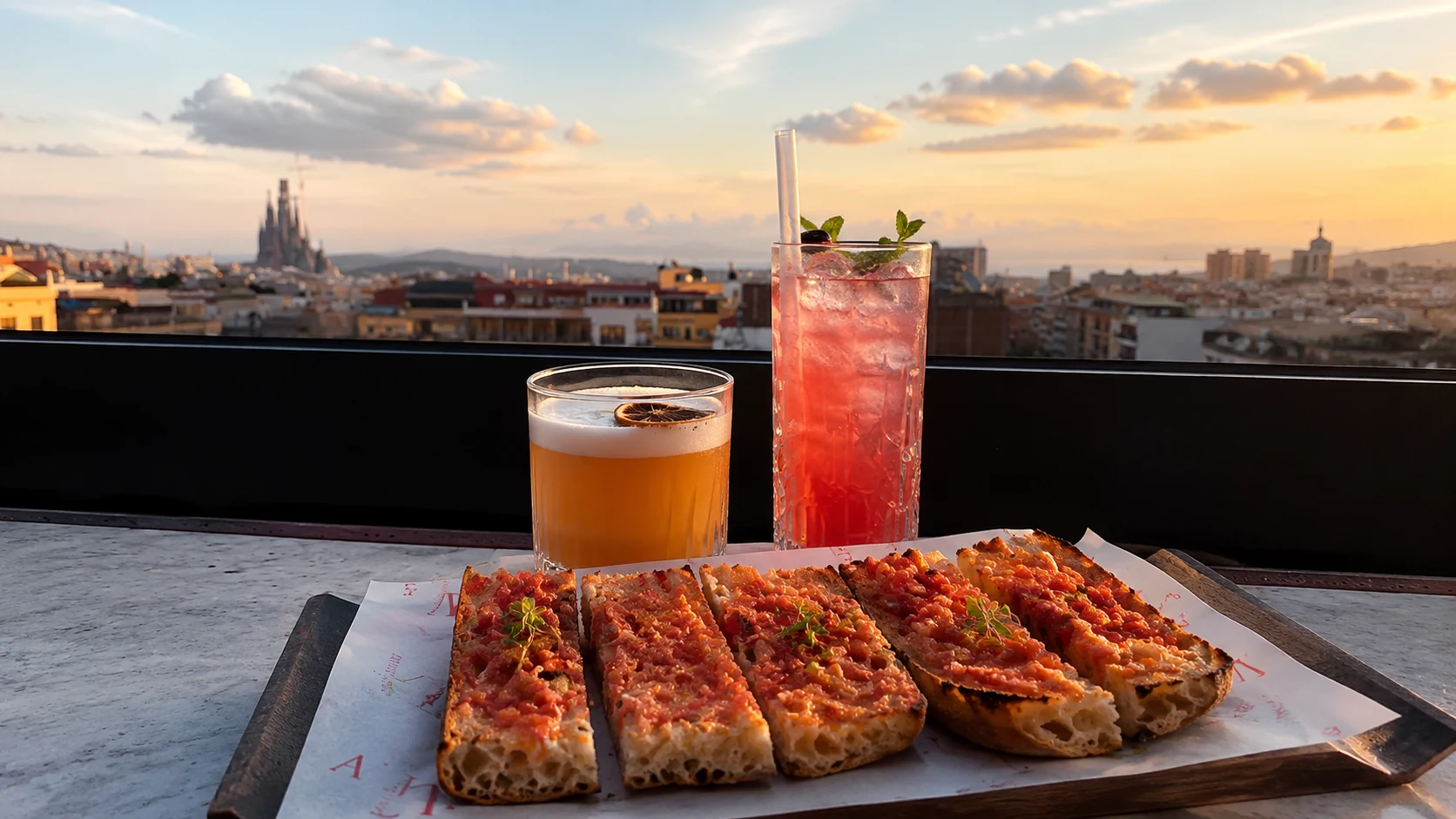 Azimuth Rooftop Bar Barcelona outdoor seating with cocktails and city rooftops