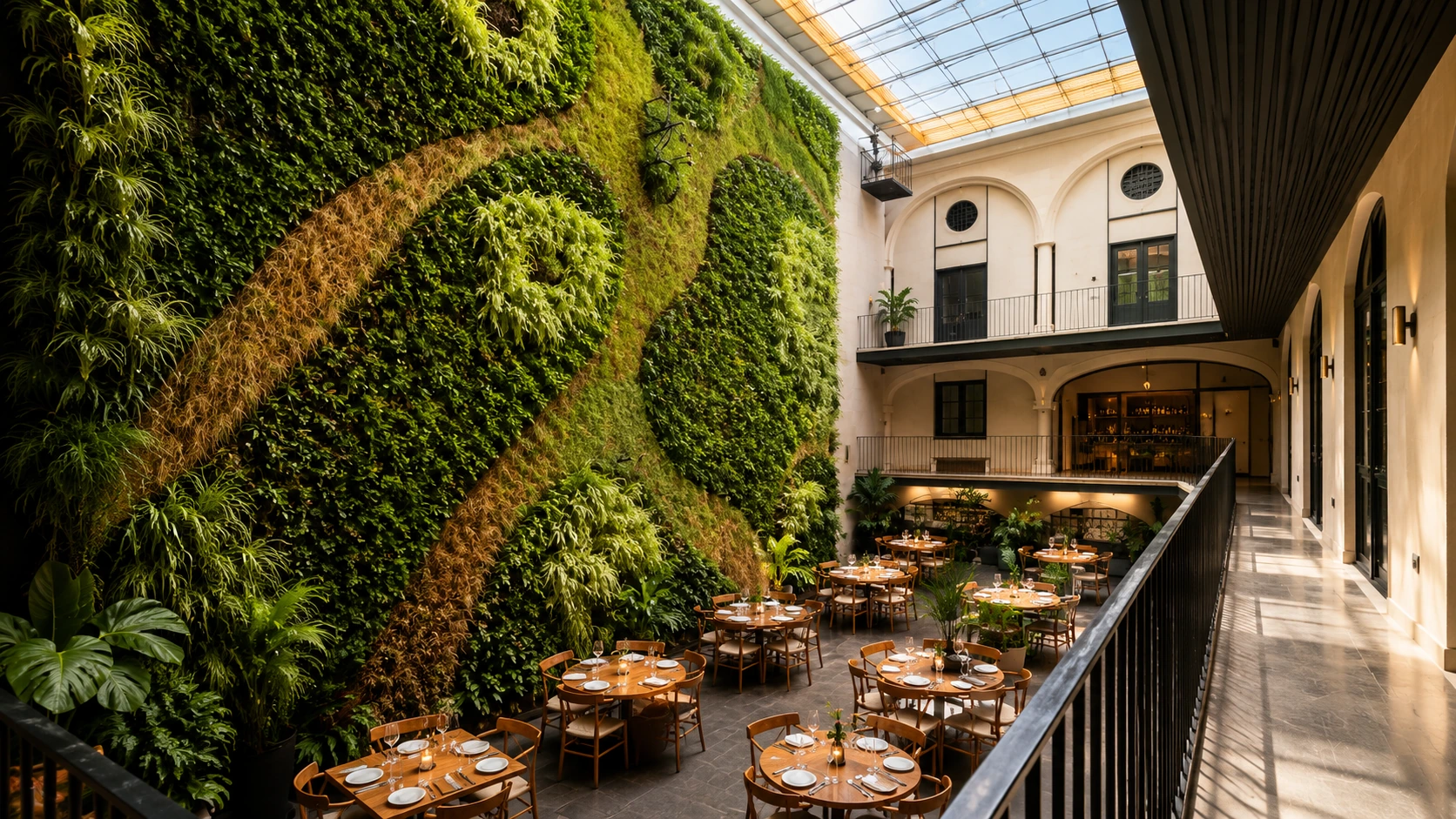 Azul Histórico Mexico City courtyard patio with ivy wall and outdoor dining tables