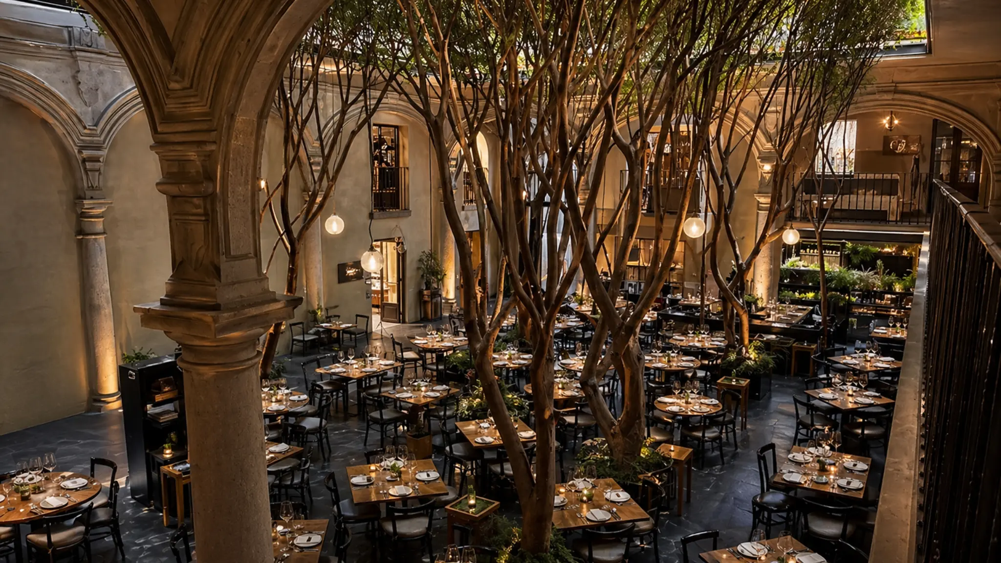 Azul Histórico Mexico City historic courtyard restaurant with trees and indoor dining