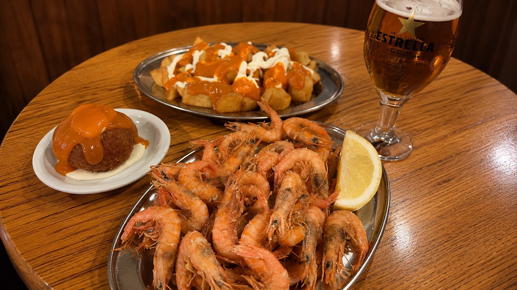 Bar Jai-Ca Barcelona fried shrimp, pan con tomate, beer, and tapas