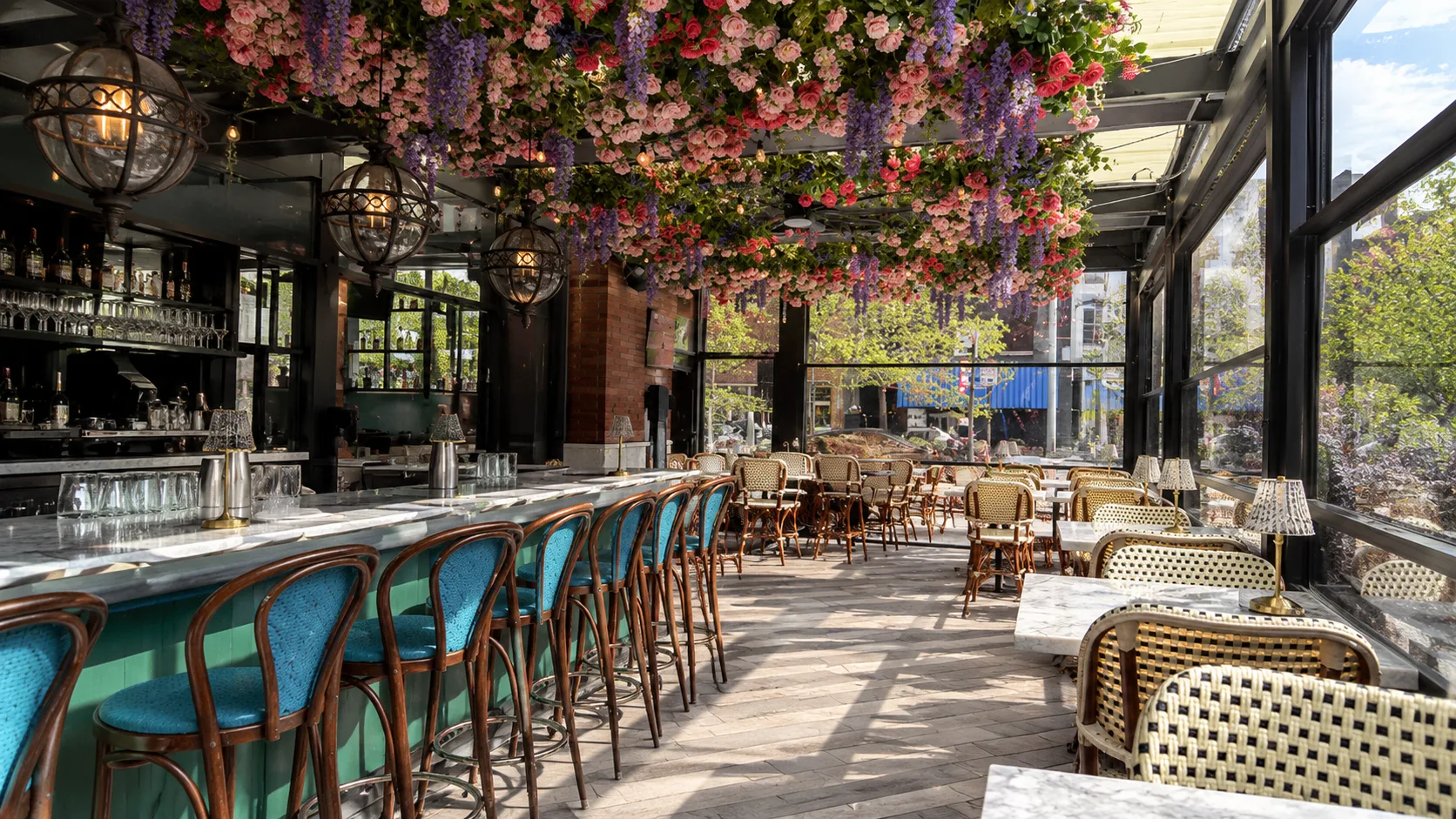 Flower-filled patio bar at Bar La Rue in Chicago