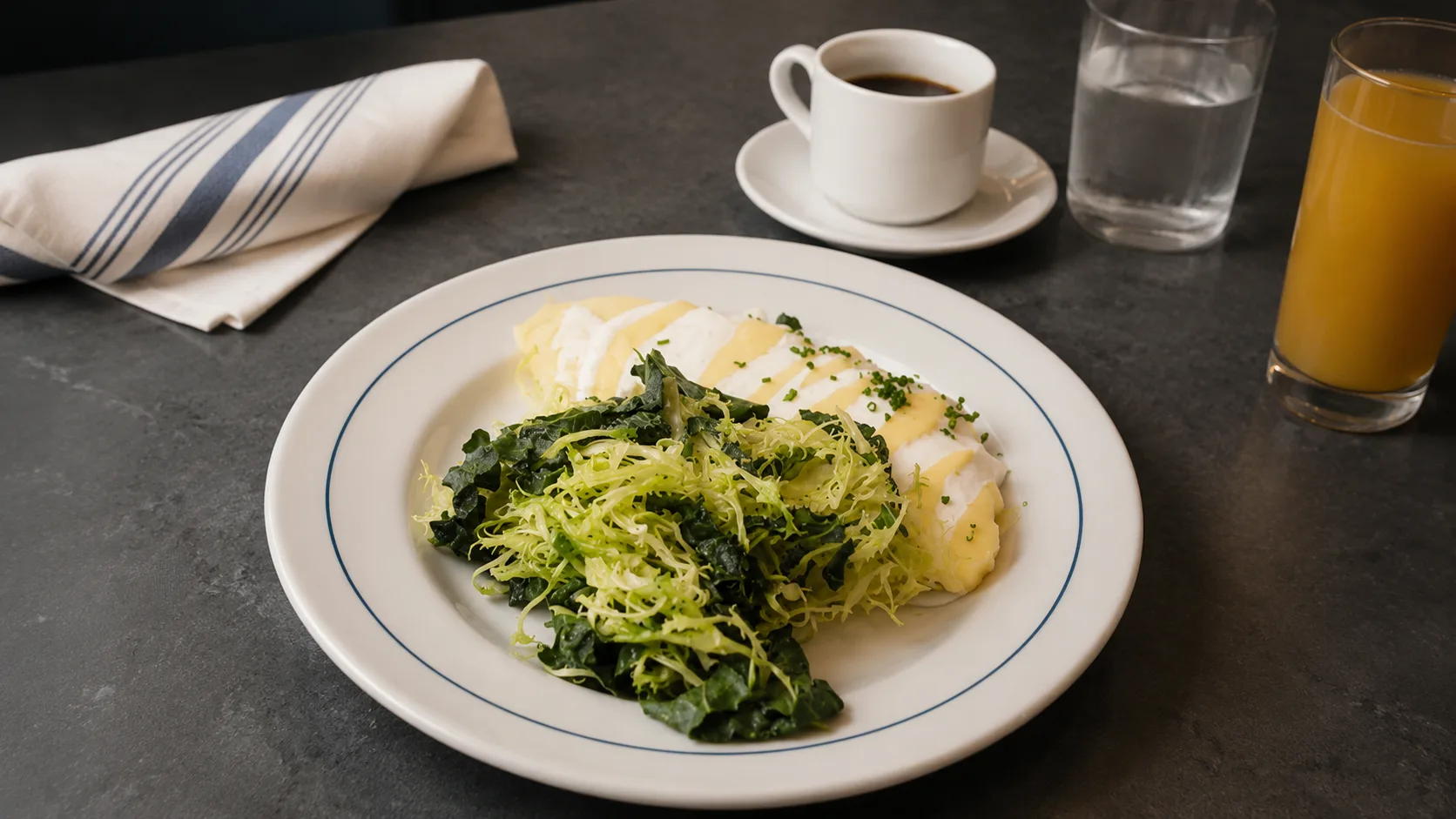 Salad and coffee on a bistro table at Bar La Rue in Chicago