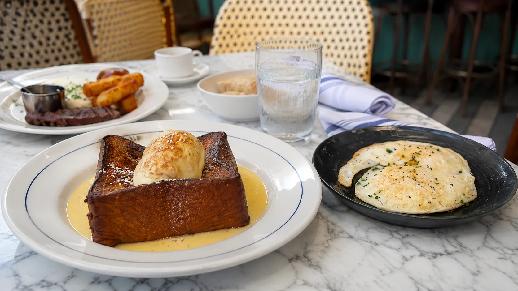 French toast and brunch dishes at Bar La Rue in Chicago