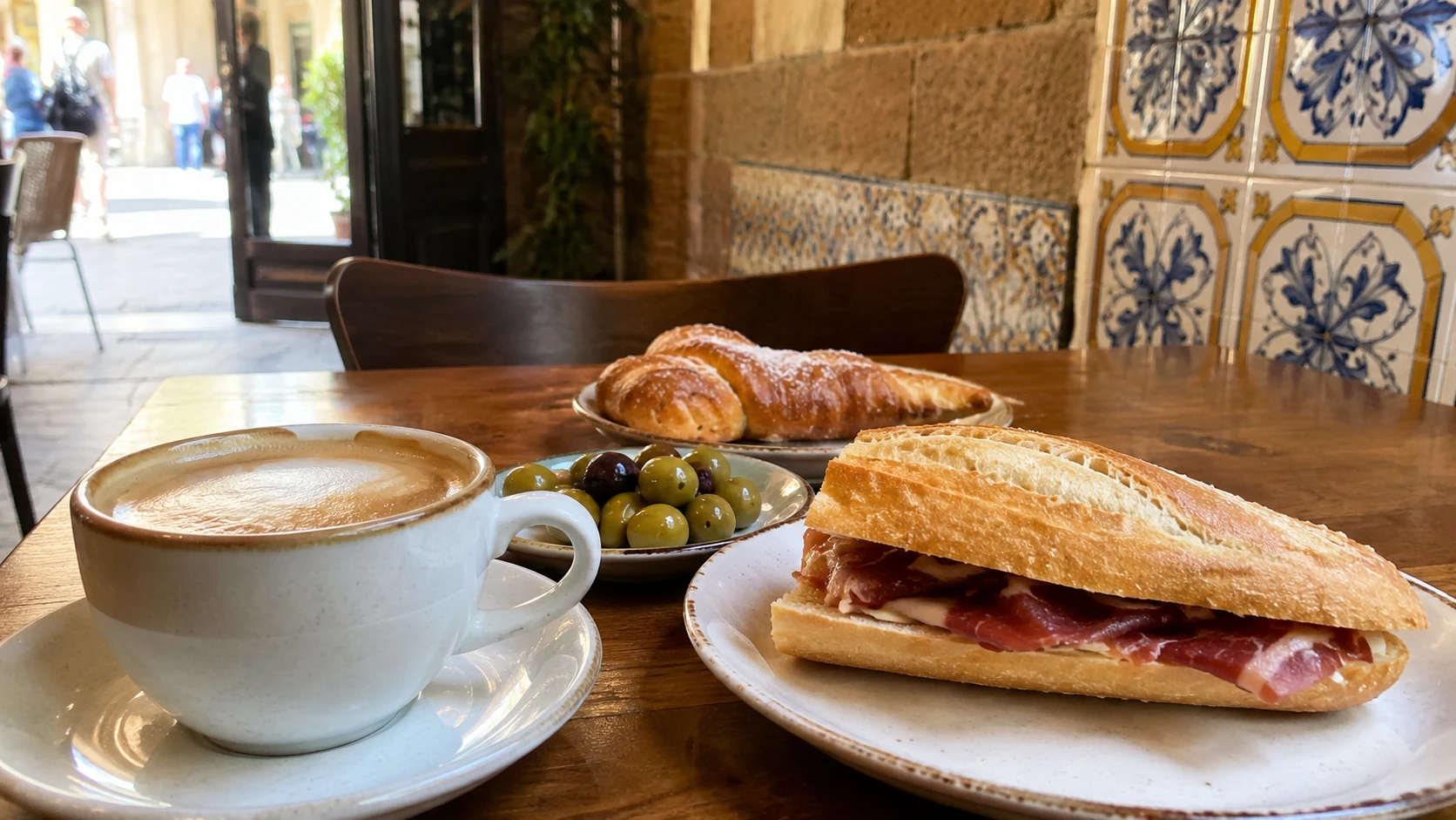 Barcelona Budget Friendly Eats guide card with bocadillo, coffee, olives, and casual cafe table