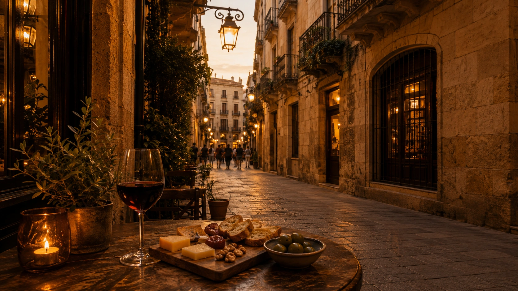 Barcelona restaurant street with tapas, wine, and warm evening light
