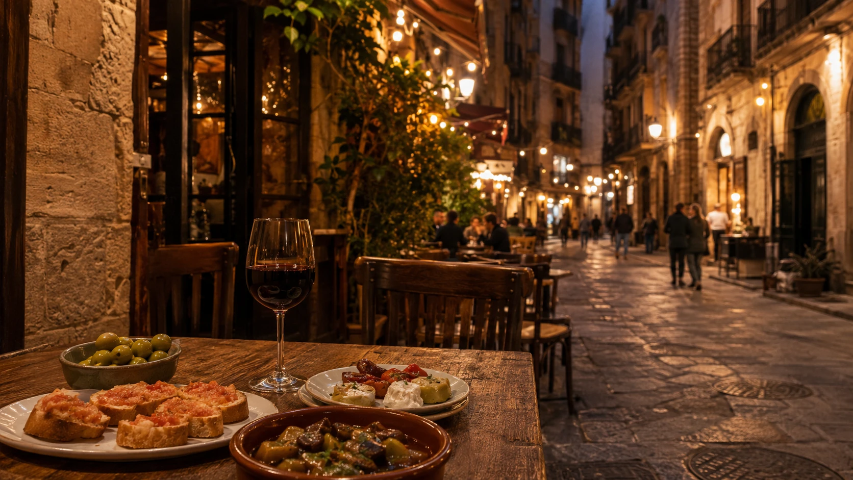 Barcelona tapas bar and warm evening restaurant street for a food-first Barcelona city guide