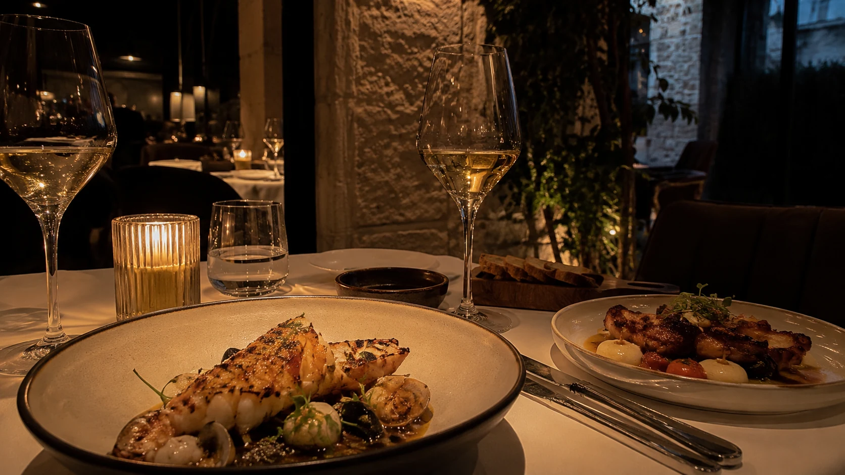 Elegant Barcelona dinner table with wine, seafood, and warm city light for the Worth the Splurge restaurant guide