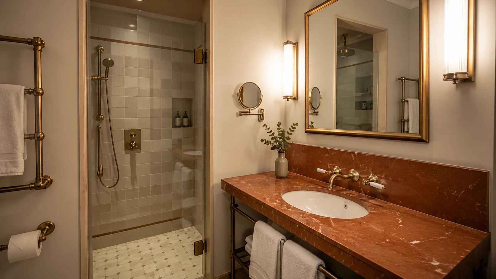 Borneta Barcelona bathroom with terracotta marble vanity, brass fixtures, and glass shower