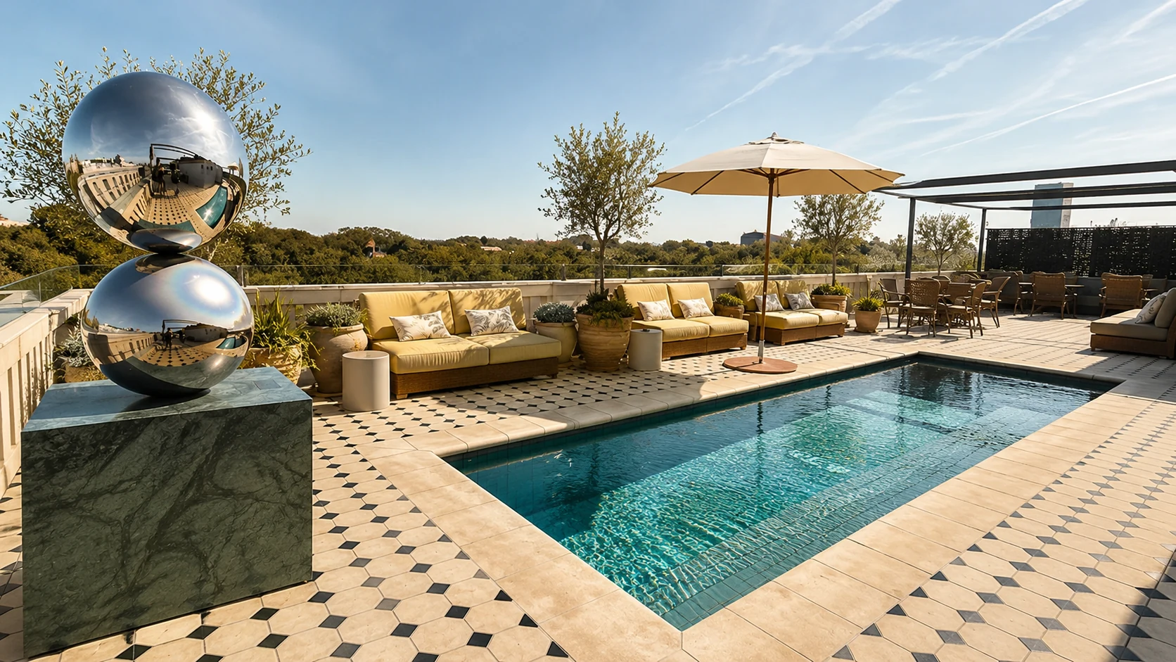 Borneta Barcelona rooftop pool with patterned tile terrace, lounge seating, and city views