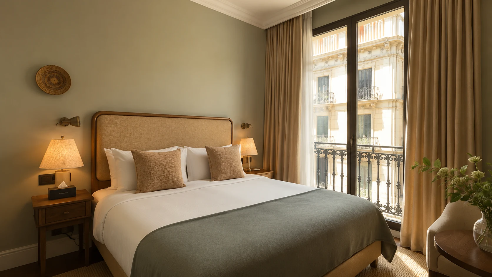 Borneta Barcelona guest room with soft neutral bedding, balcony doors, and warm design details