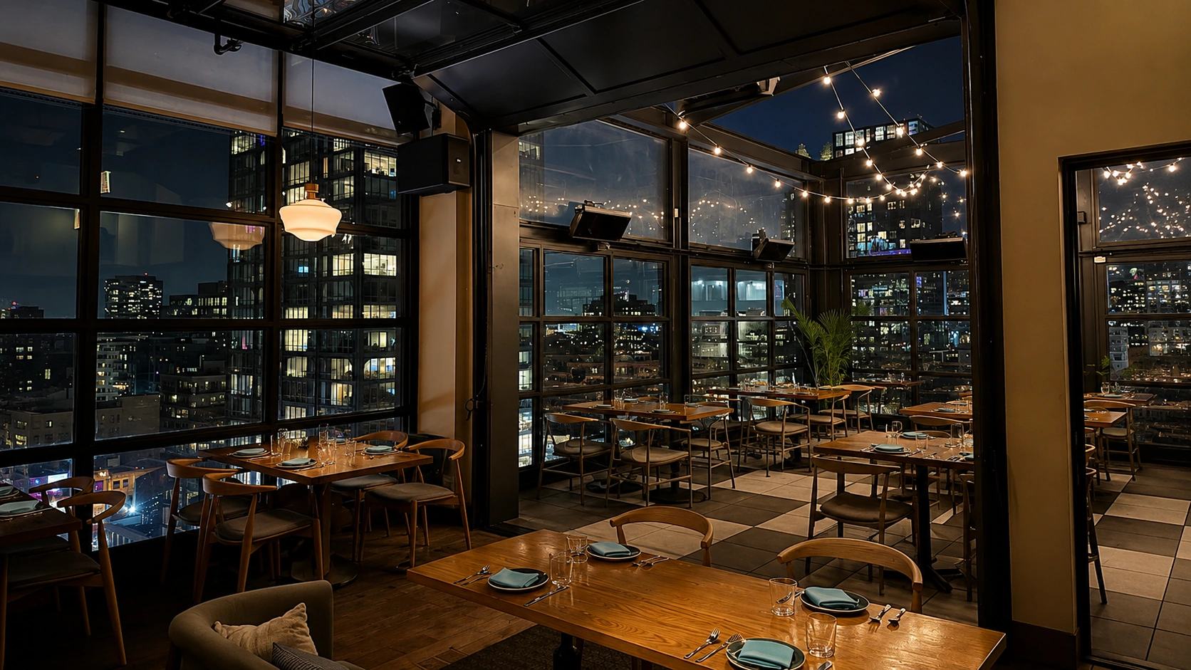 Rooftop dining room with skyline views at Cabra in Fulton Market Chicago