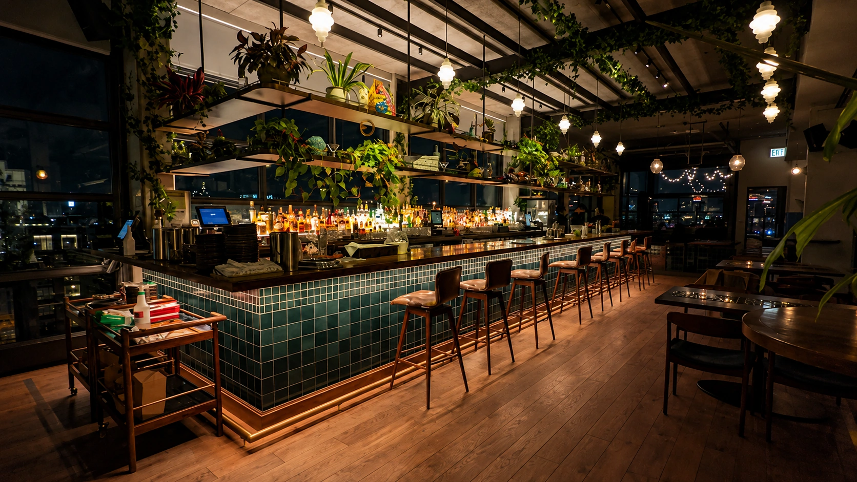 Green tile rooftop bar and dining room at Cabra in Chicago