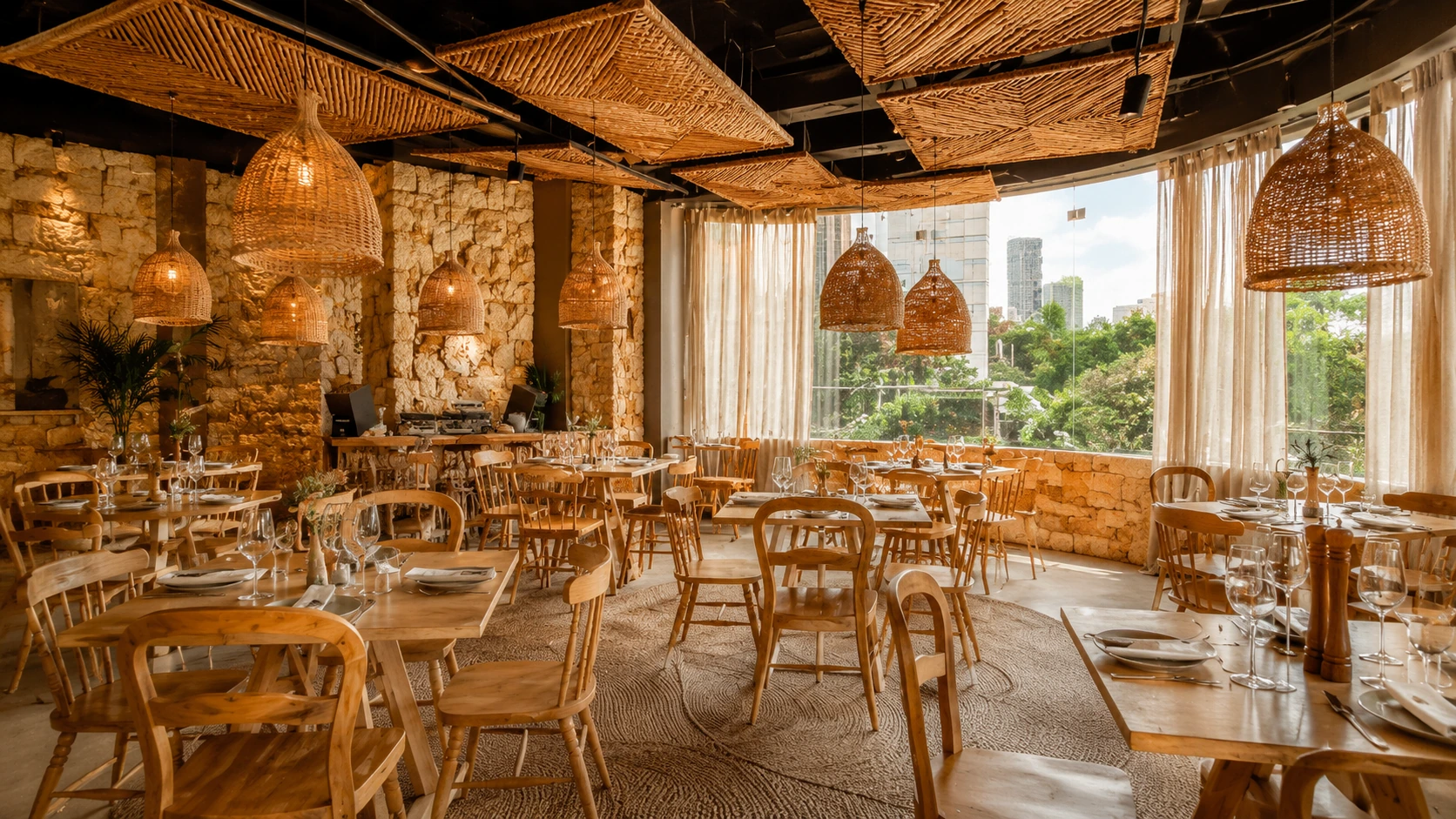 Chambao Polanco Mexico City steakhouse dining room with wood tables and natural decor