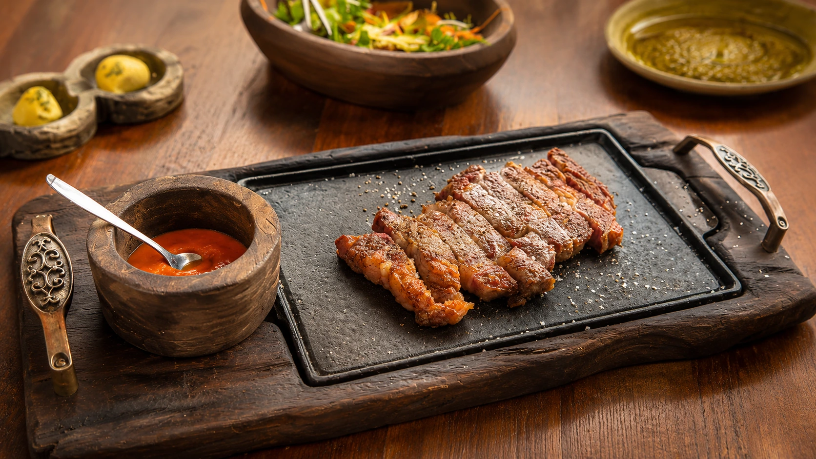 Chambao Polanco Mexico City sliced steak with sauces at a steakhouse
