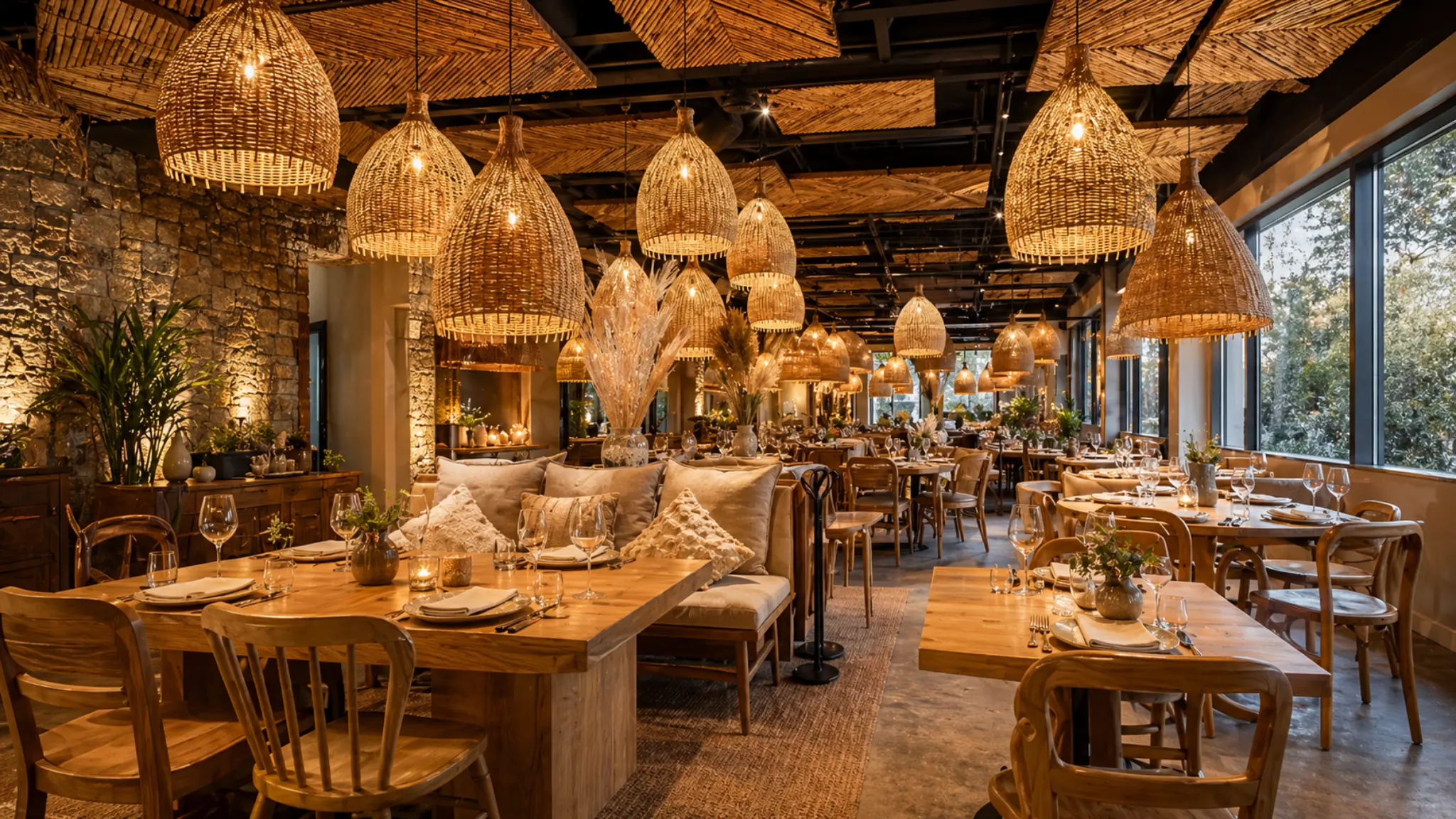 Chambao Polanco Mexico City upscale steakhouse dining room with woven pendant lights