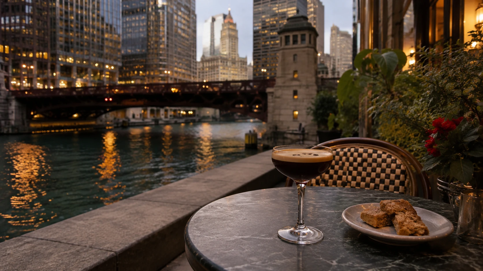 Chicago Riverwalk café table with espresso martini and skyline