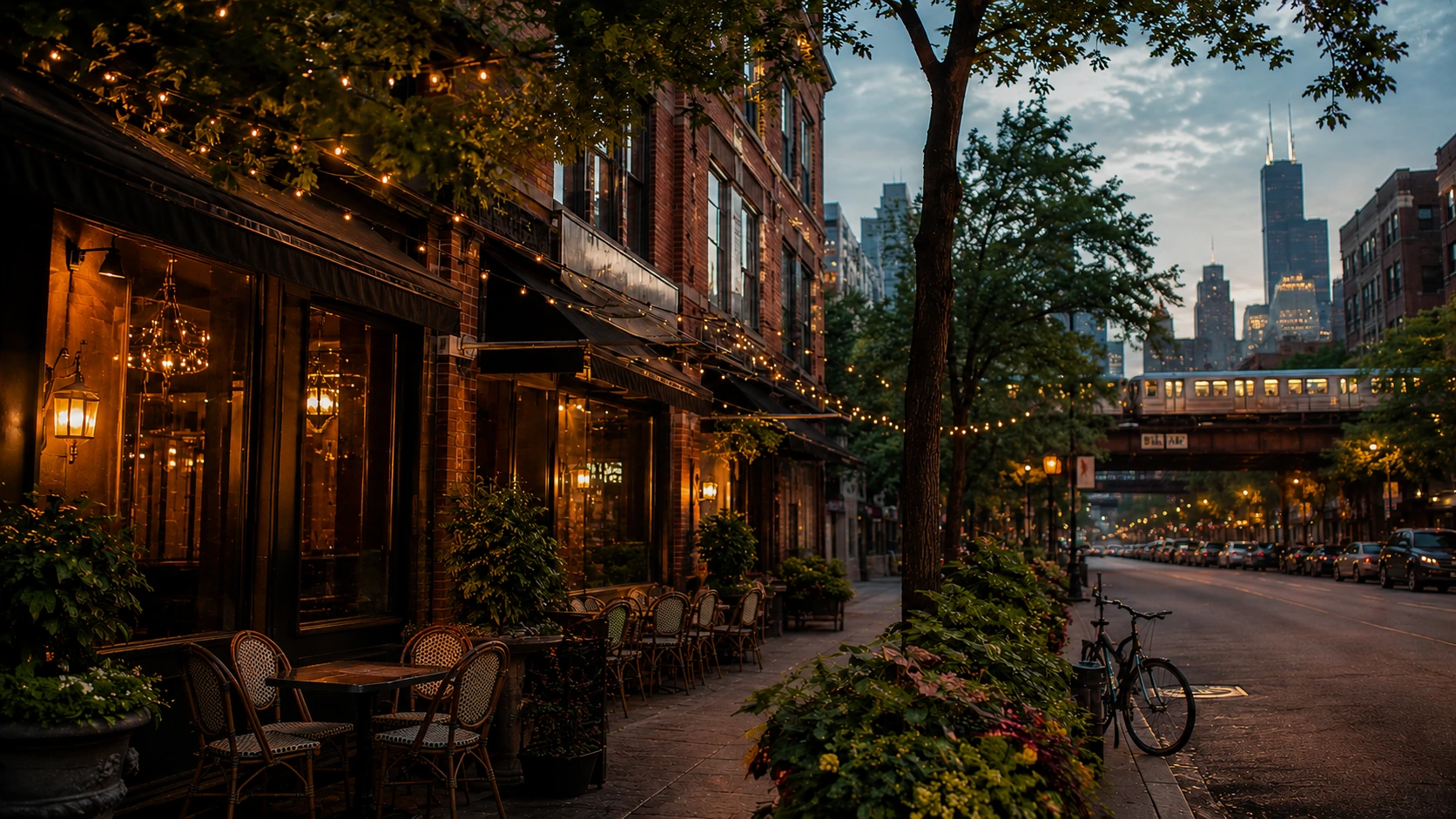 Chicago neighborhood restaurant street with warm storefront lighting, string lights, and skyline in the distance