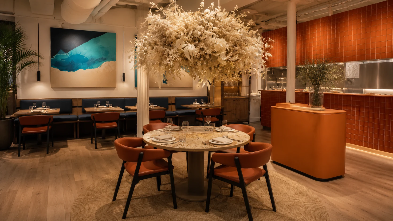 Compartir Barcelona restaurant dining room with modern tables and warm lighting