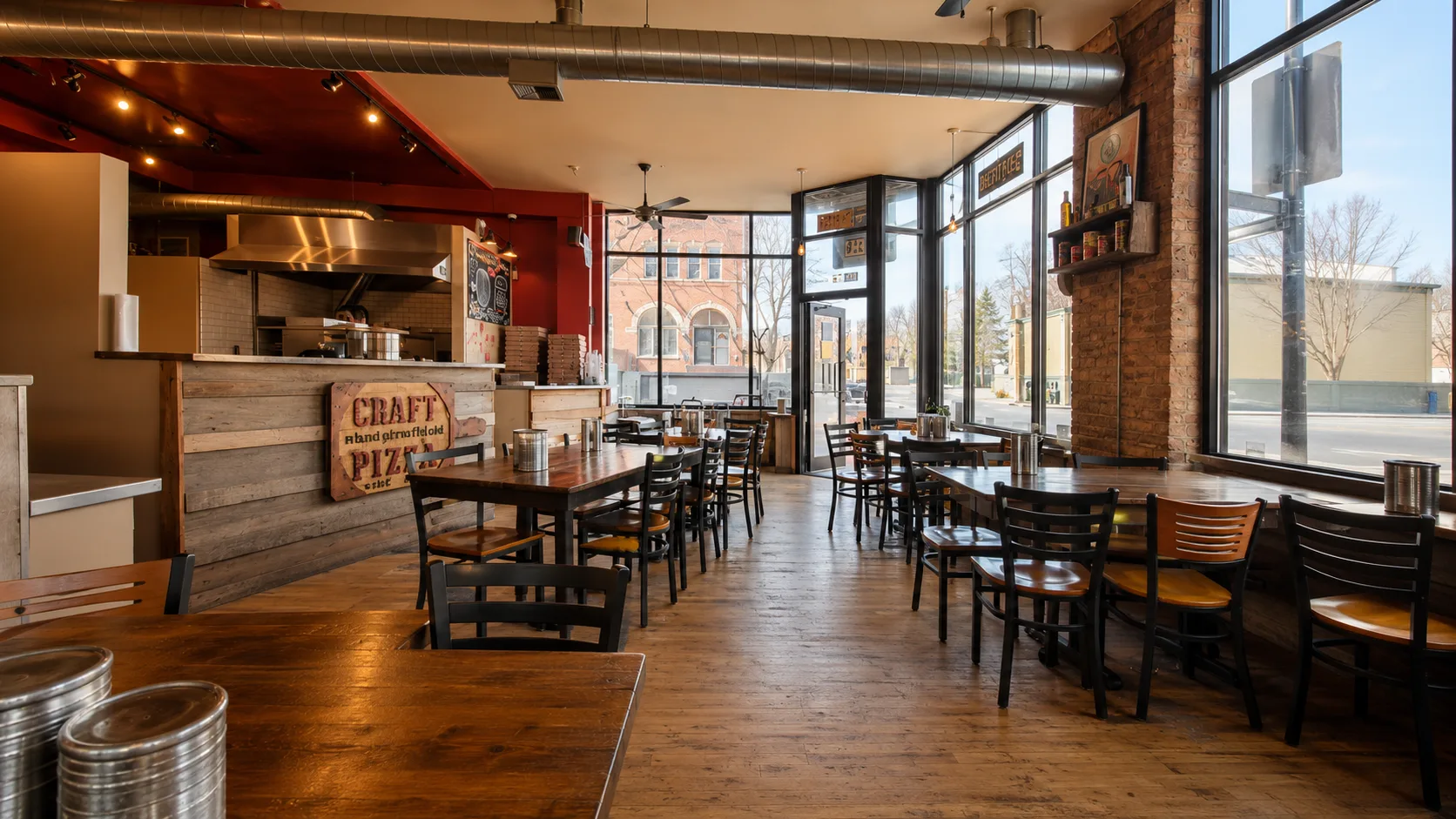 Casual pizza shop dining room at Craft Pizza in Chicago