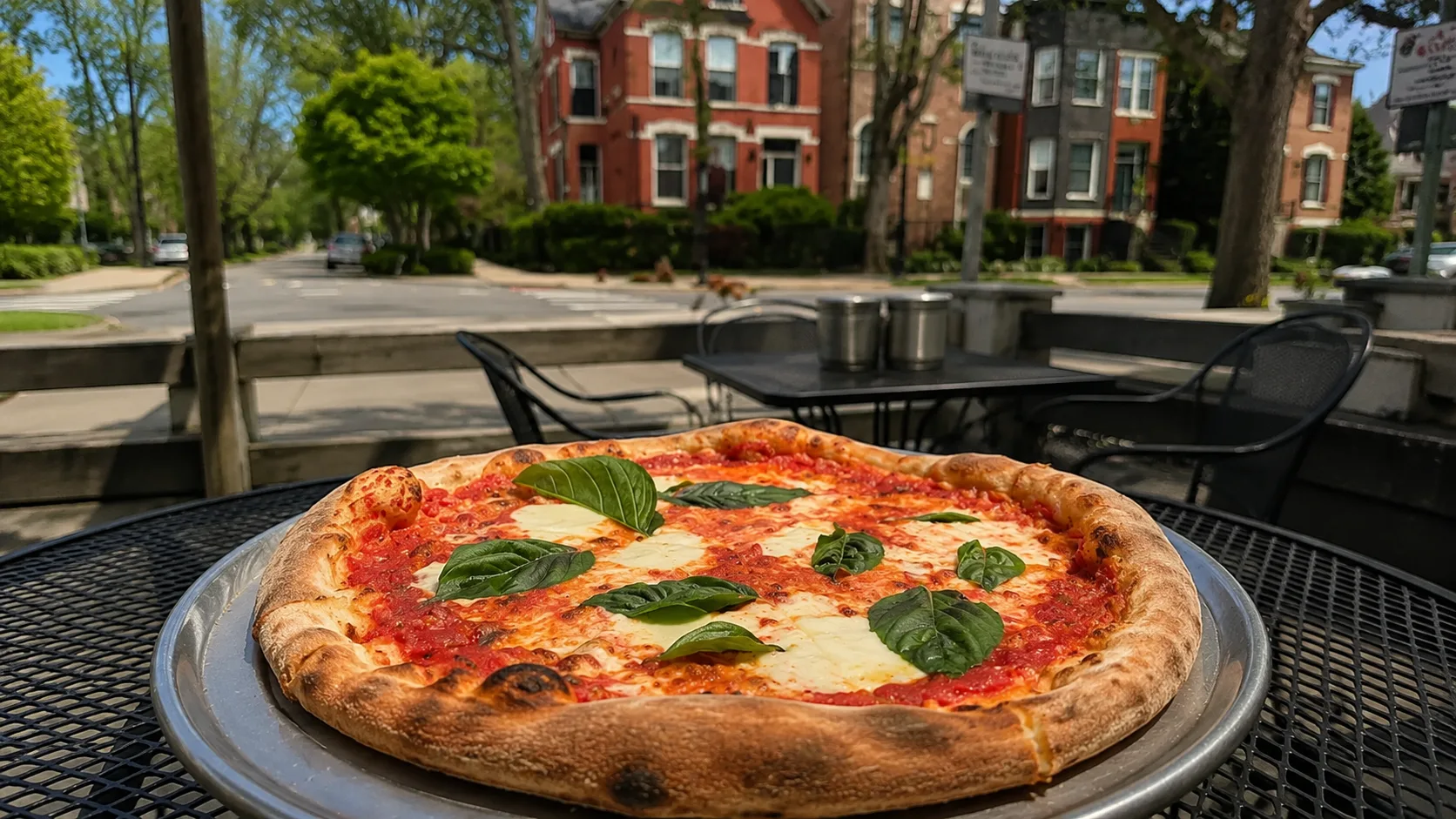 Margherita pizza on an outdoor table at Craft Pizza in Chicago