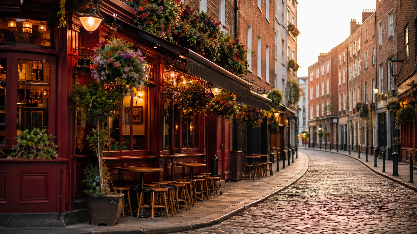 Dublin cobblestone street with a traditional Irish pub, outdoor seating, and hanging flower baskets
