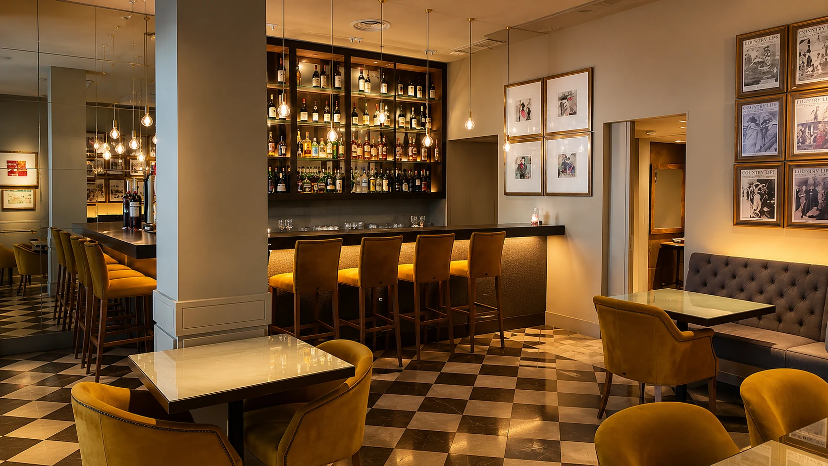 Duquesa de Cardona Barcelona hotel bar with checkered floors, yellow chairs, and warm lighting